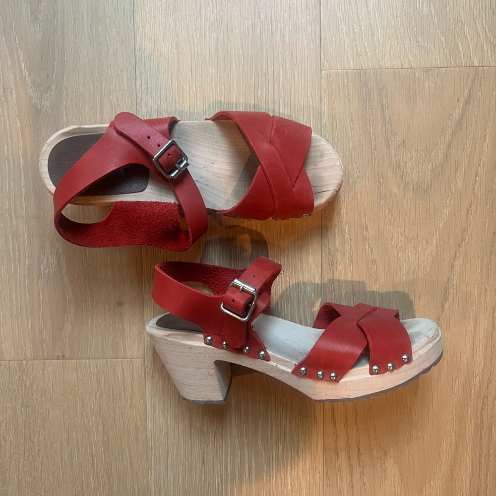 Swedish Hasbeens Red Leather Clog Sandals